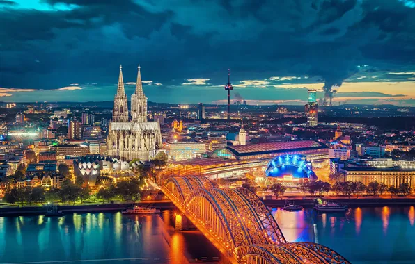 Картинка мост, город, огни, река, вечер, Германия, Кёльнский собор, Кёльн