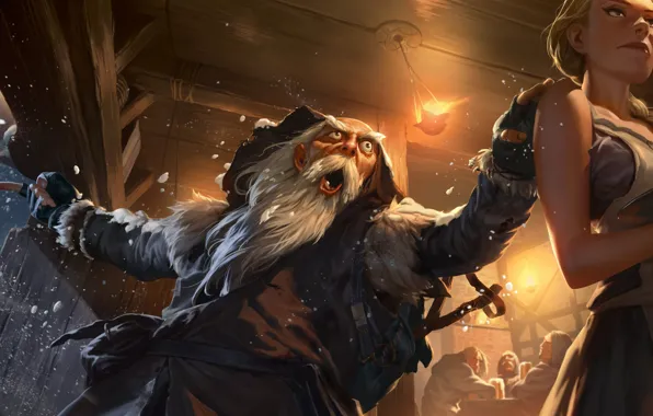 Зима, девушка, пиво, дед, таверна, Legends of Runeterra