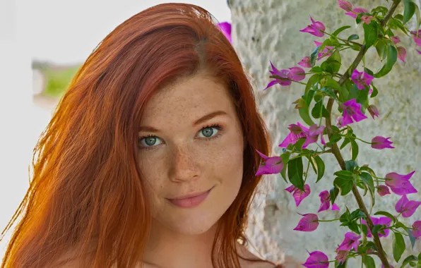 Woman, young, eyes, smile, flowers, model, redhead, look
