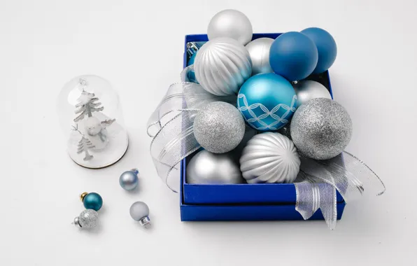 Картинка шарики, праздник, коробка, голубые, Рождество, Новый год, снеговик, светлый фон