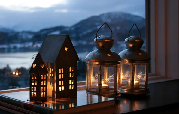 Картинка город, лампы, настроение, вечер, свечи, окно