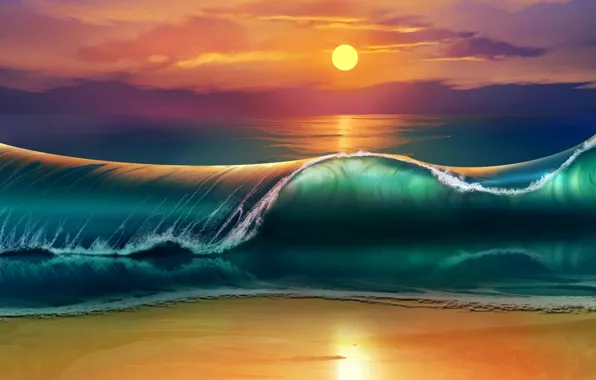 Море, волны, пляж, закат, waves, beach, sea, sunset