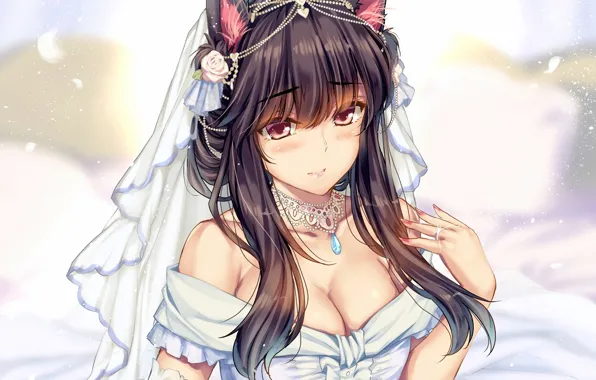 Girl, sexy, cleavage, long hair, dress, brown hair, boobs, animal ears