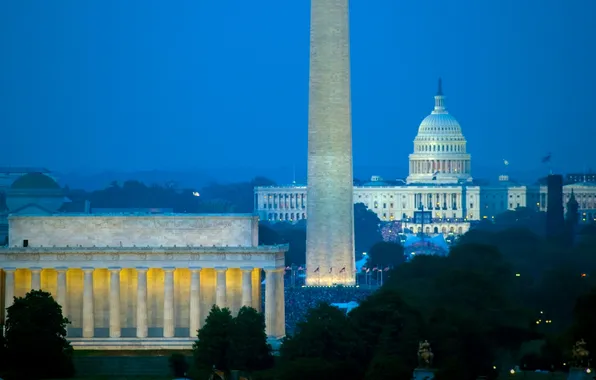 Деревья, ночь, огни, Вашингтон, США, обелиск, монумент Вашингтона, мемориал Линкольна