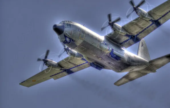 Belgian Air Force, C130 Hercules, in flight, propellor whirl