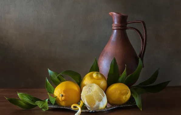 Листья, кувшин, натюрморт, лимоны, поднос