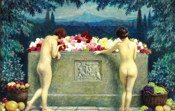 Картинка Девушки, Картина, Двое, Обнаженные, Поль Густав Фишер, Paul Gustav Fischer, У саркофага, Саркофаг