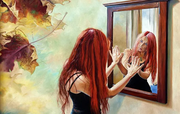 Картинка листья, девушка, отражение, зеркало, Wlodzimierz Kuklinski