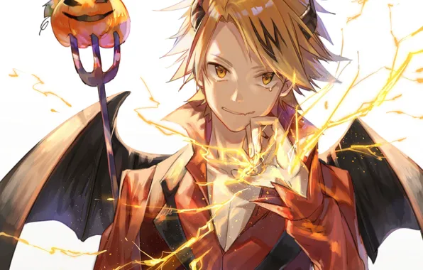 Аниме, демон, арт, тыква, парень, хеллоуин, Boku no Hero Academia, электрические разряды