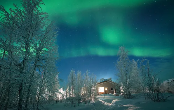 Lights, house, Canada, night, winter, snow, northern lights, Northwest Territories