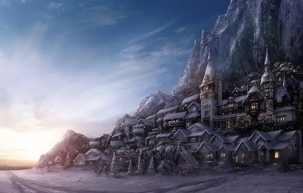 Зима, горы, Winter, Village, Environment