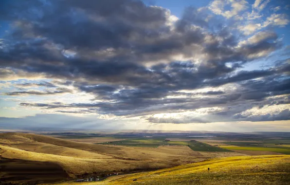 Картинка солнце, облака, лучи, холмы, поля, Орегон