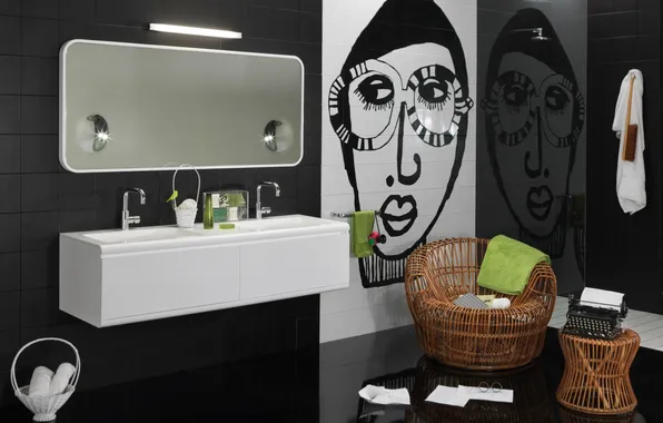 Картинка белый, дизайн, черный, интерьер, ванна, ванная комната