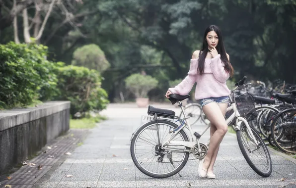 Девушка, велосипед, улица, азиатка