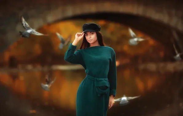 Картинка вода, мост, Девушка, голуби, берет, Арина, Dmitry Arhar
