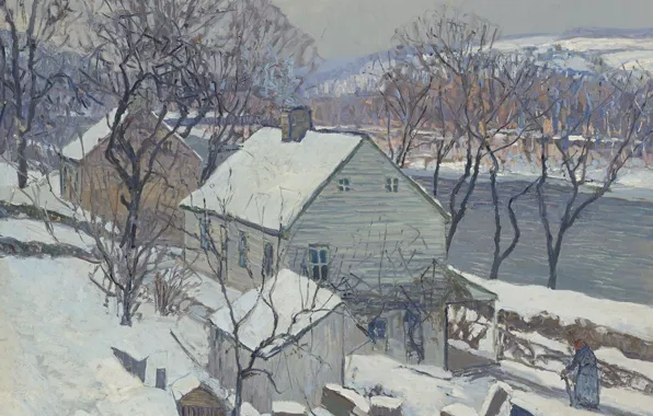 Картинка зима, пейзаж, дом, река, картина, Edward Willis Redfield, Эдвард Редфилд, Ламбервилл