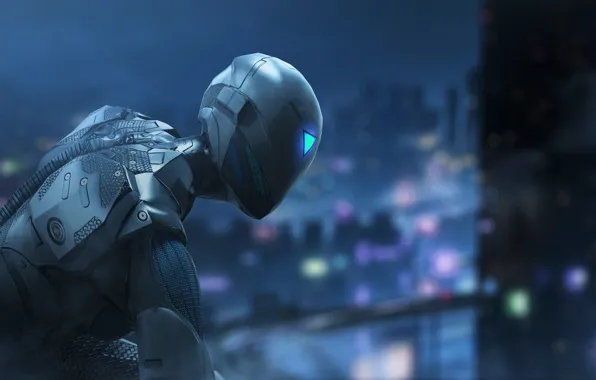 City, game, robot, armor, night, ninja, cyborg, shinobi