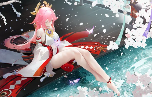 Вода, девушка, бабочки, цветы, Genshin Impact, Yae Miko