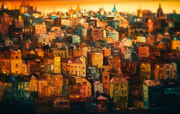 Город, здания, дома, размытие, картина, архитектура, живопись, мазки