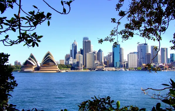 Картинка море, мост, город, дома, причал, Австралия, Сидней, опера