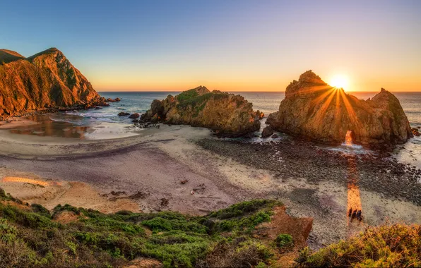 Картинка море, закат, камни, скалы, побережье, горизонт, лучи солнца, California