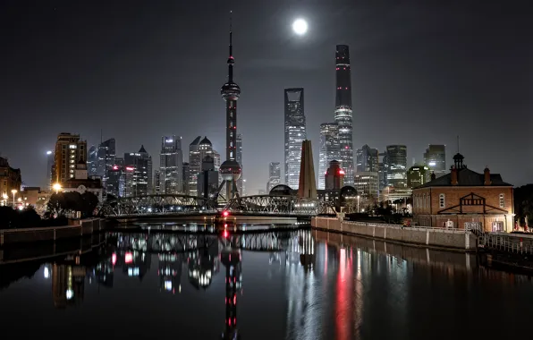 Ночь, мост, город, огни, Китай, Шанхай