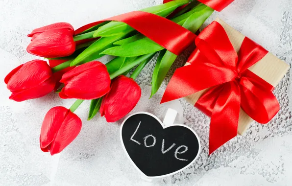 Любовь, подарок, букет, лента, тюльпаны, красные, red, love