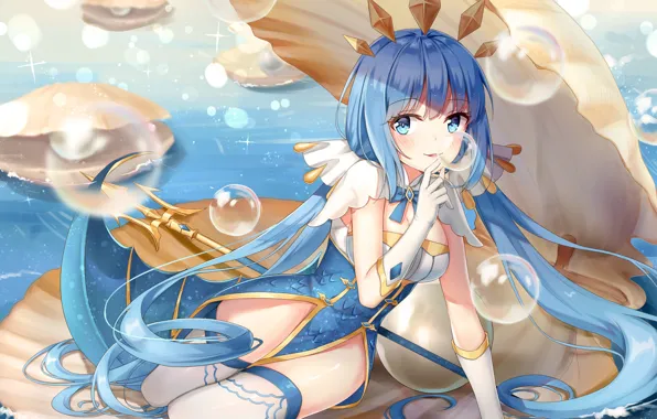 Girl, bubbles, sea, weapon, anime, mermaid, shell, bishojo