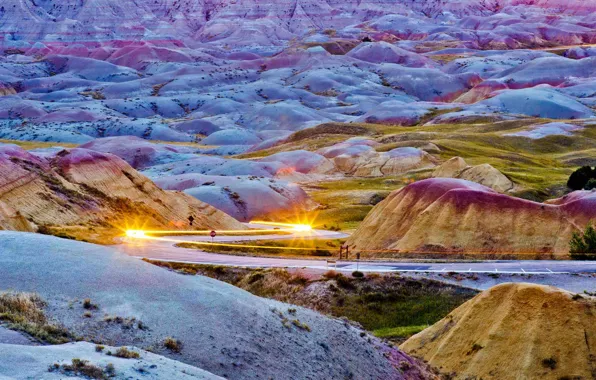 Дорога, горы, США, Badlands National Park, Южная Дакота, огни фар