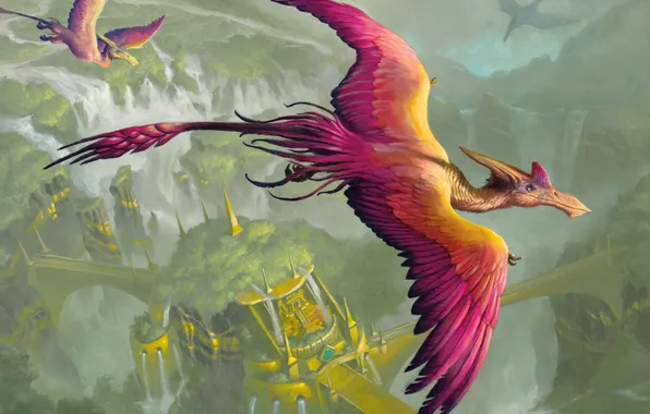 Big, bird, wings, tail, feathers, painting, dinosaur, constructions