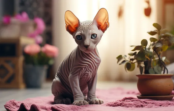 Кошка, взгляд, свет, цветы, поза, котенок, комната, пол