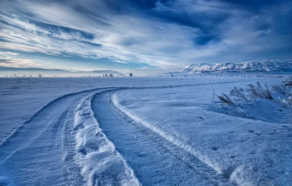 Картинка зима, снег, горы, путь