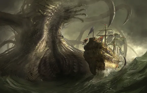 Картинка море, опасность, корабль, монстр, арт, гигантский