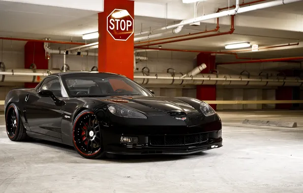 Чёрный, Z06, Corvette, Chevrolet, парковка, STOP, шевроле, black