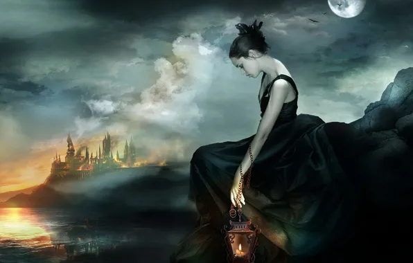 Картинка девушка, ночь, замок, луна