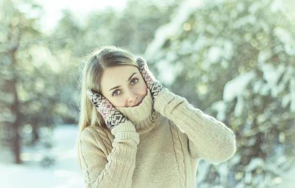 Зима, девушка, снег, холодно, варежки, свитер