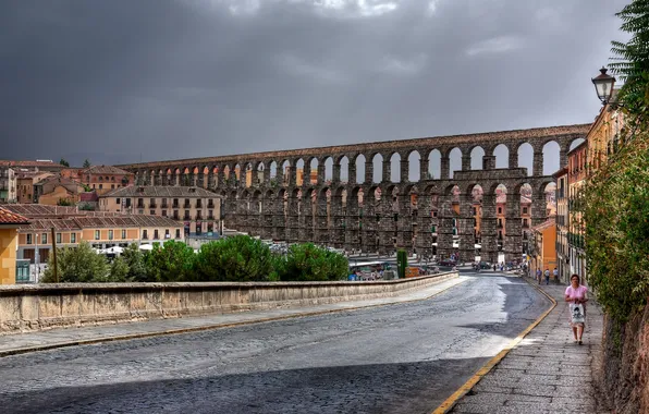 Дорога, улица, здания, Испания, Spain, Сеговия, Segovia, Roman Aqueduct