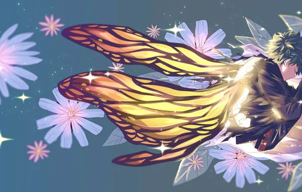 Картинка цветы, бабочка, крылья, парень, Boku no Hero Academia, Мидория Изуку, Моя геройская акадеимя, Midoriya Izuku