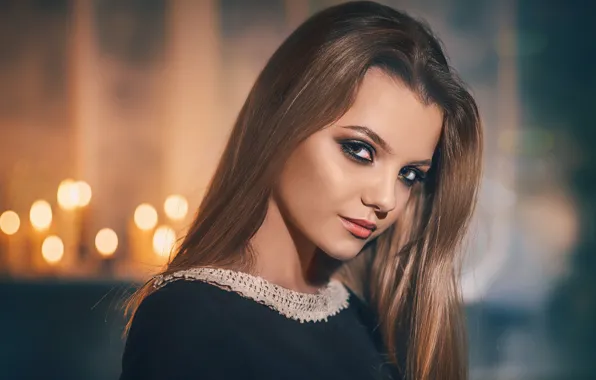 Взгляд, девушка, блики, фон, портрет, макияж, прическа, шатенка