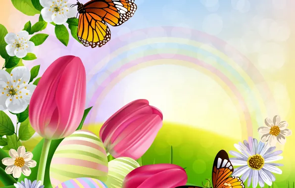 Бабочки, цветы, рисунок, радуга, тюльпаны, яркость