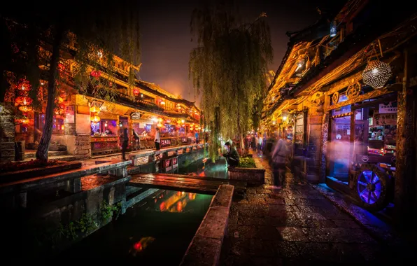 Dark, Lijiang, market, canal, Китай night shot