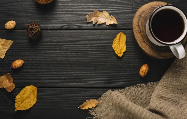 Картинка осень, листья, фон, дерево, кофе, colorful, кружка, чашка