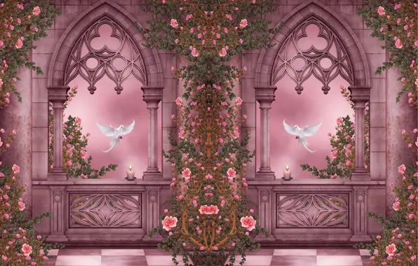 Картинка цветы, окна, розы, свечи, голуби, колонны, арки, гирлянды