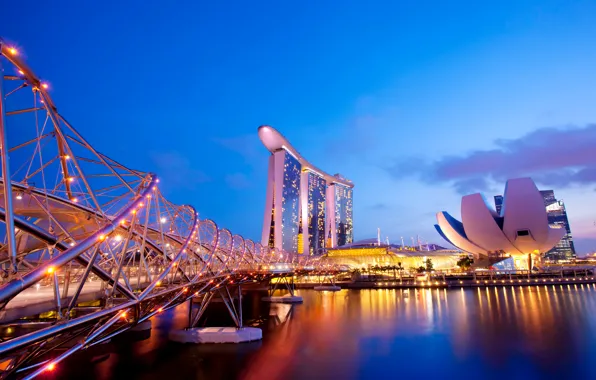 Картинка ночь, мост, дизайн, огни, река, пальмы, здания, Сингапур