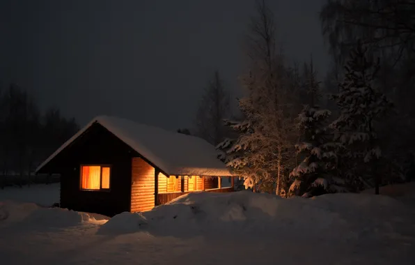 Картинка зима, свет, снег, деревья, вечер, домик