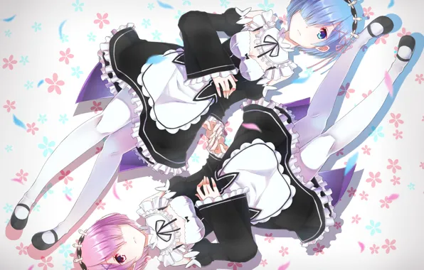 Девушки, anime, art, сёстры, близнецы, Ram, Rem, Re: Zero kara Hajimeru Isekai Seikatsu