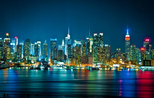 Картинка ночь, город, огни, небоскребы, панорама, skyline, WTC, New York city