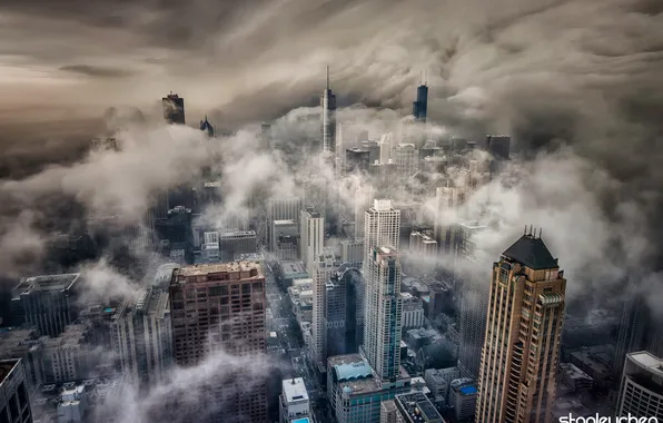 Тучи, шторм, город, туман, Чикаго, США