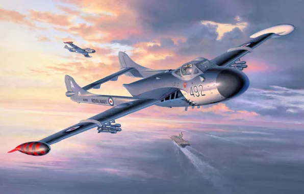 War, art, airplane, painting, aviation, jet, ww2, De Havilland Sea Venom