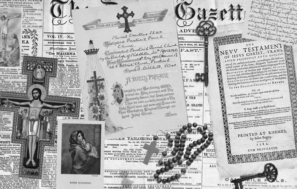 Desktop, holy, cross, key, black and white, paper, Jesus, document